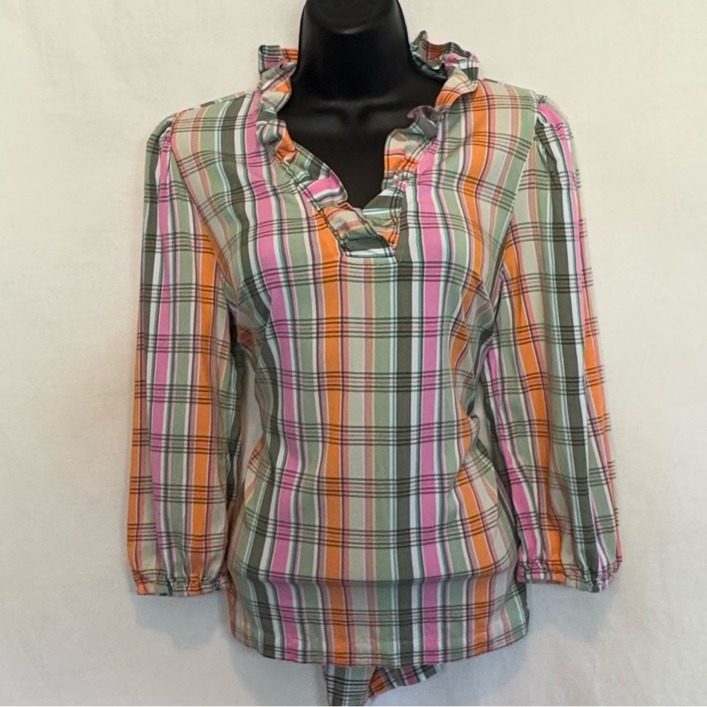 D-175 Crown & Ivy Green‎ Pink & Orange Plaid Ruffle Neck 1/2 Sleeve Blouse Sz M